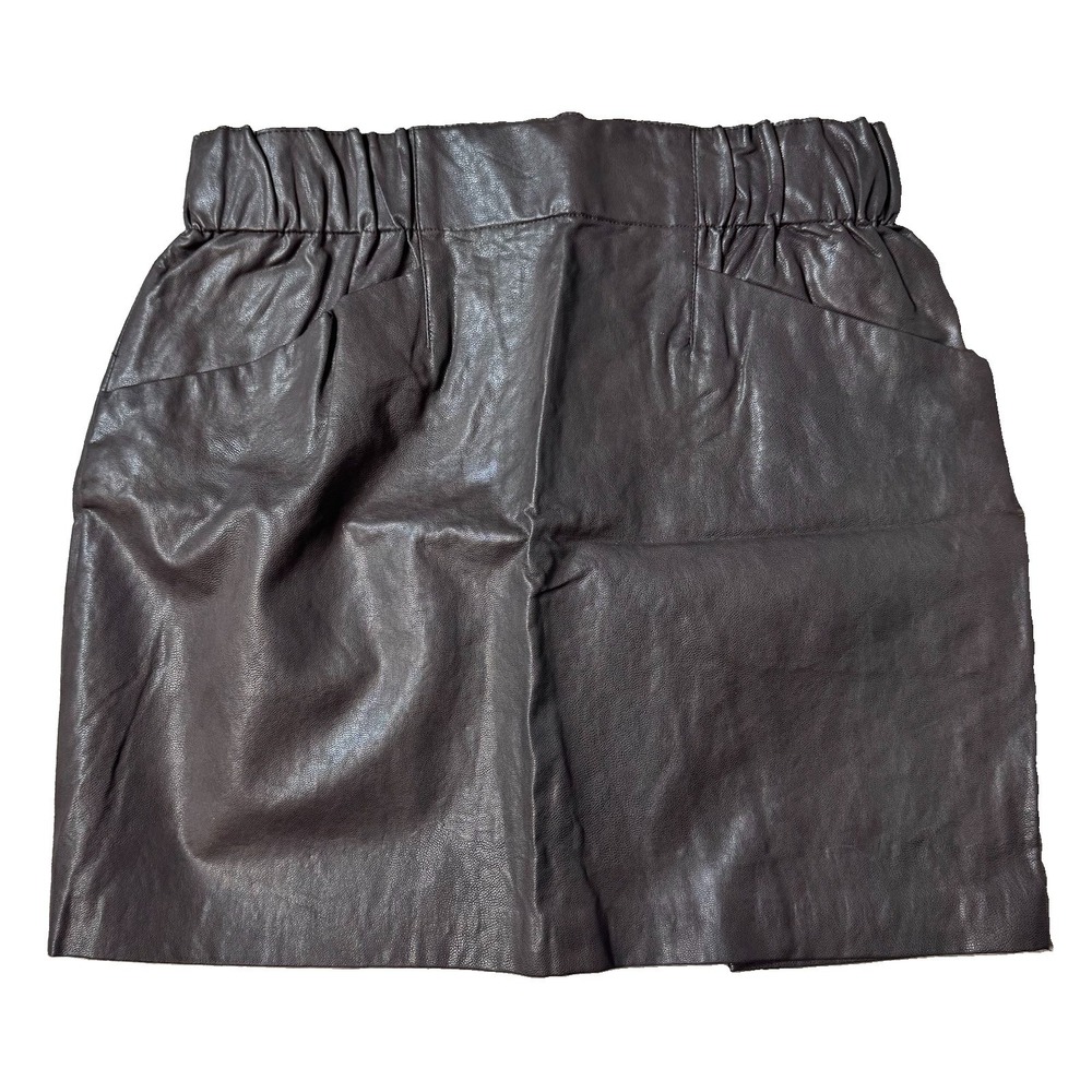 Zara Womens Faux Leather Mini Skirt Size S Elastic Waist Pockets Brown Chocolate